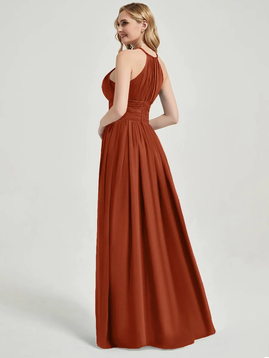 Burnt Orange Pleated Halter Neck Sleeveless Chiffon Bridesmaid Dress