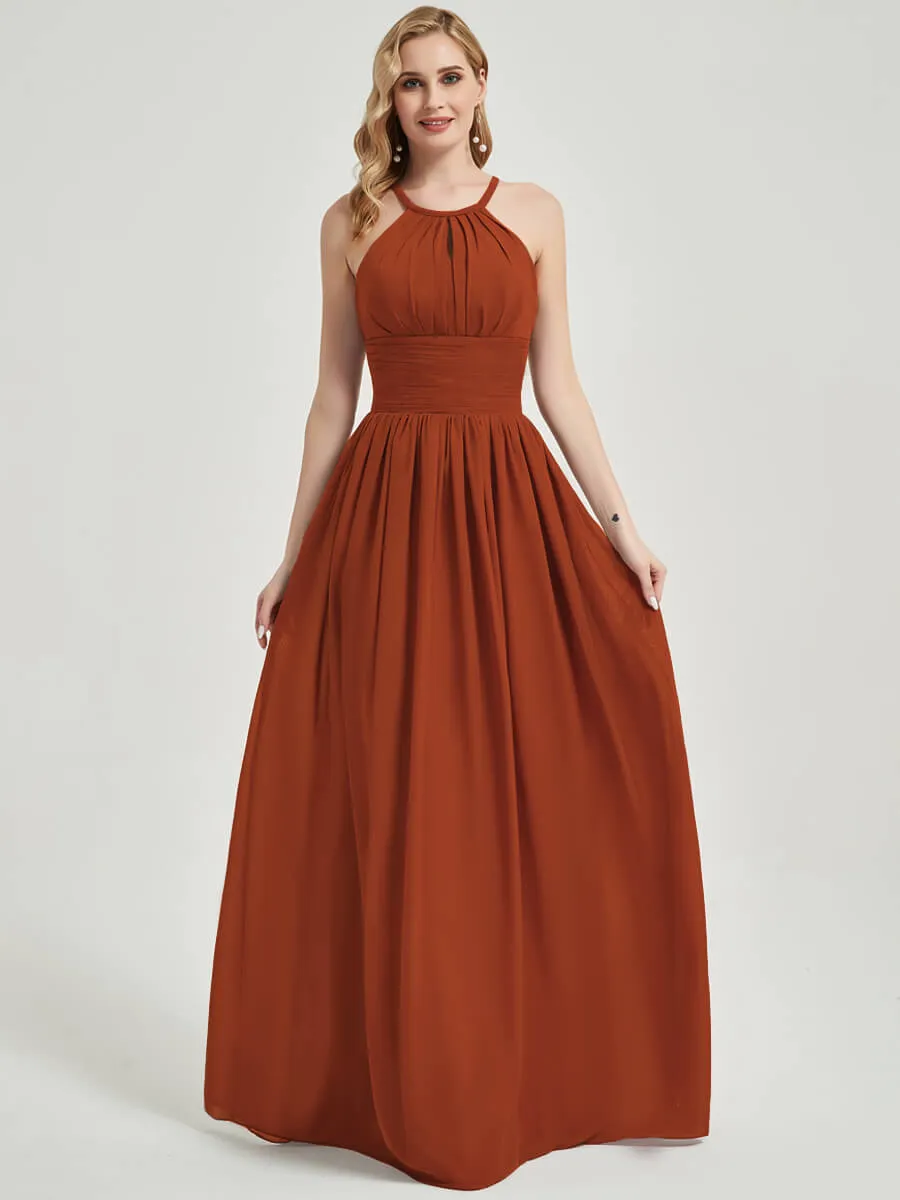 Burnt Orange Pleated Halter Neck Sleeveless Chiffon Bridesmaid Dress