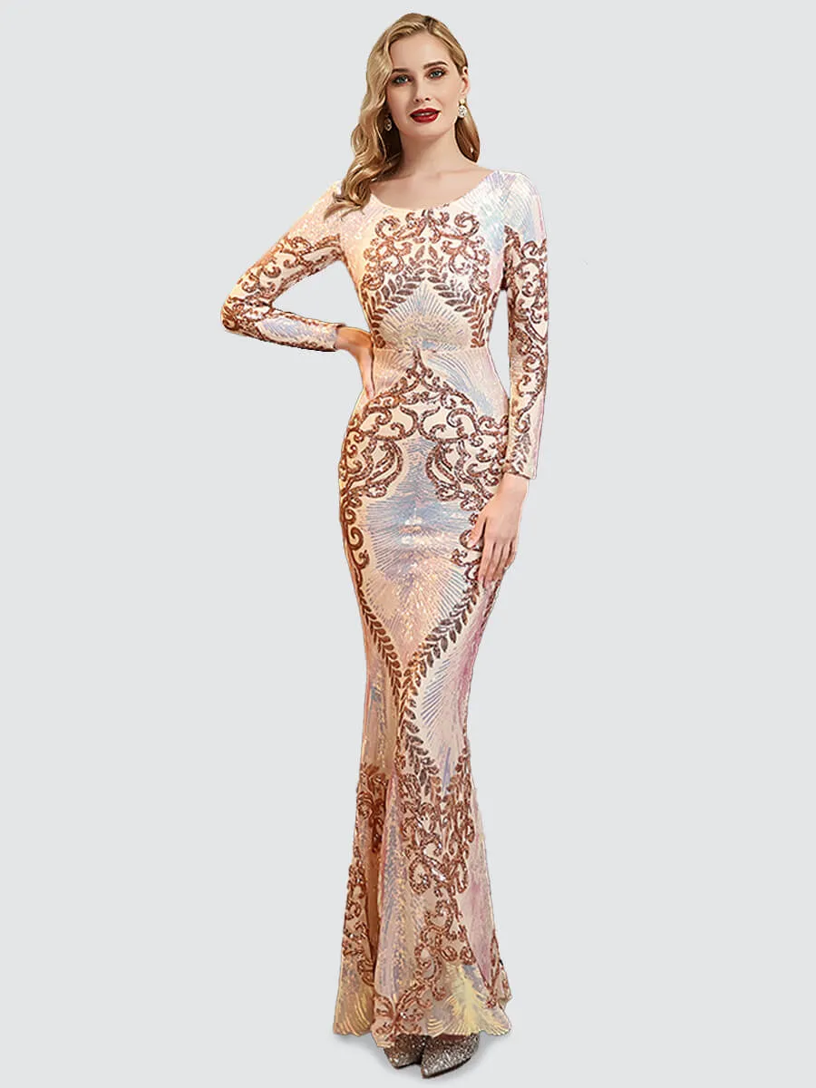 Champagne Gold Backless Long Sleeve Sequin Maxi Mermaid Evening Formal Dress