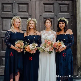 Charming Off-The-Shoulder Long Sleeves Mismatched Navy Blue Chiffon Long Cheap Bridesmaid Dresses, BDS0010