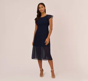 Chiffon And Jersey Midi-Length Dress With Side Slits In Navy