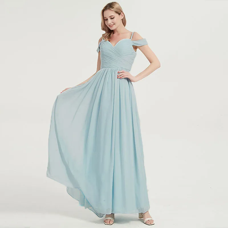 Cold Shoulder Spaghetti Straps Pleated Chiffon Dark Navy Bridesmaid Dress