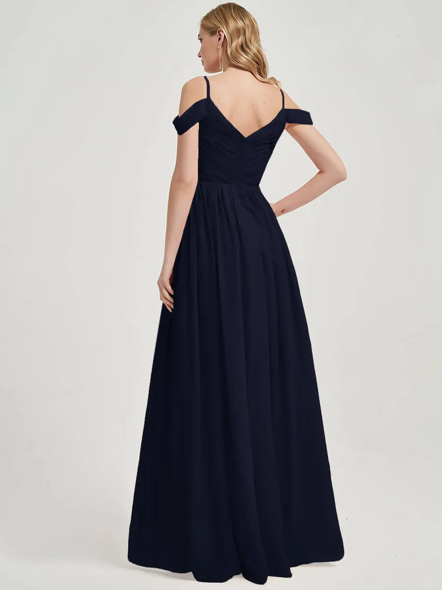 Cold Shoulder Spaghetti Straps Pleated Chiffon Dark Navy Bridesmaid Dress