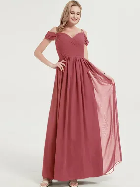 Cold Shoulder Straps Pleated Chiffon Desert Rose Bridesmaid Dress