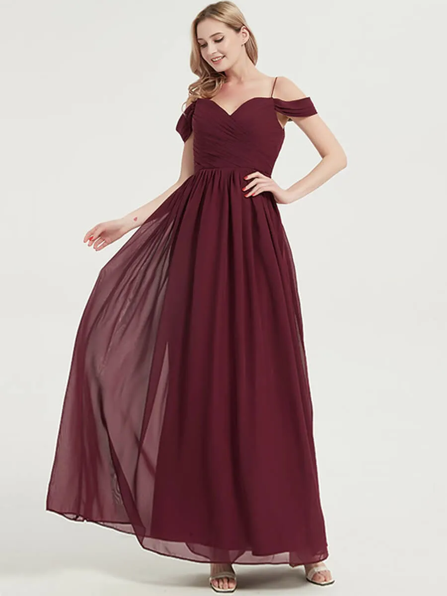 Cold Shoulder Straps Pleated Chiffon Desert Rose Bridesmaid Dress