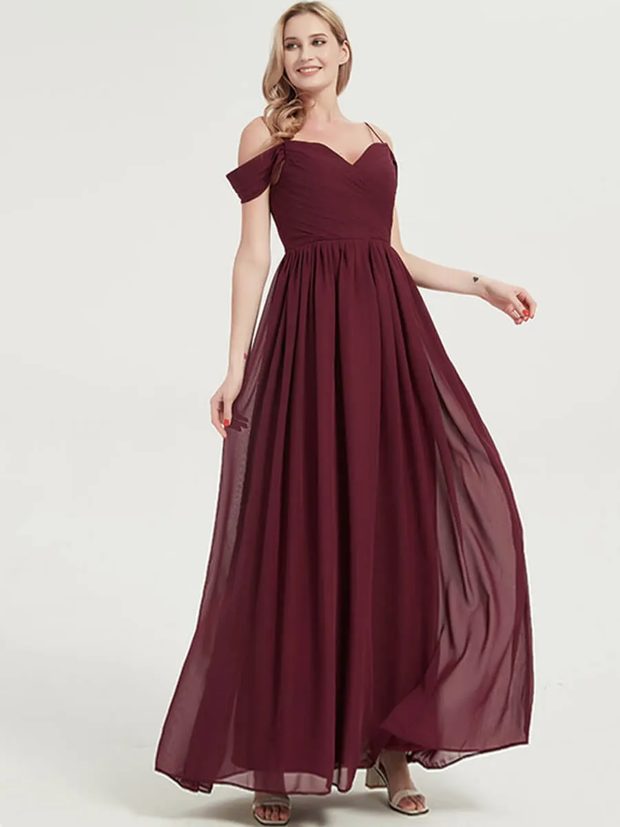 Cold Shoulder Straps Pleated Chiffon Desert Rose Bridesmaid Dress