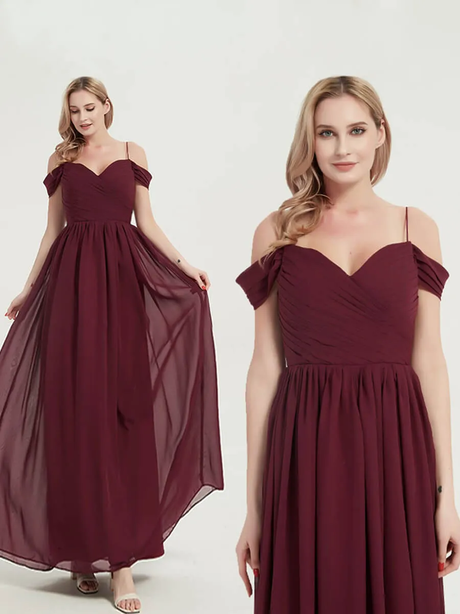 Cold Shoulder Straps Pleated Chiffon Desert Rose Bridesmaid Dress