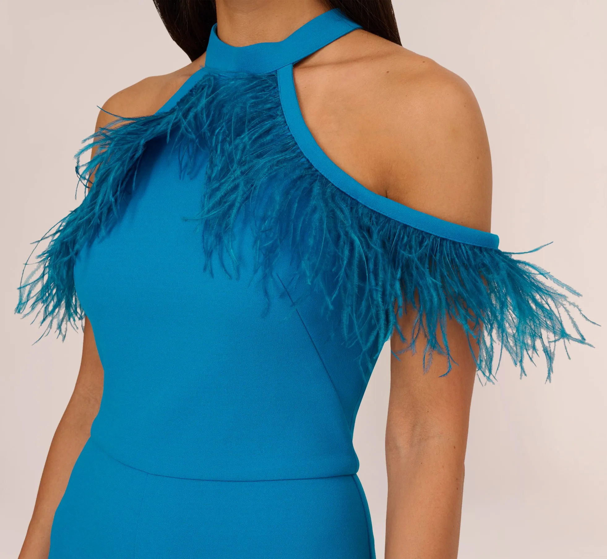 Cold Shoulder Stretch Crepe Jumpsuit With Feather Trim In Deep Cerulean