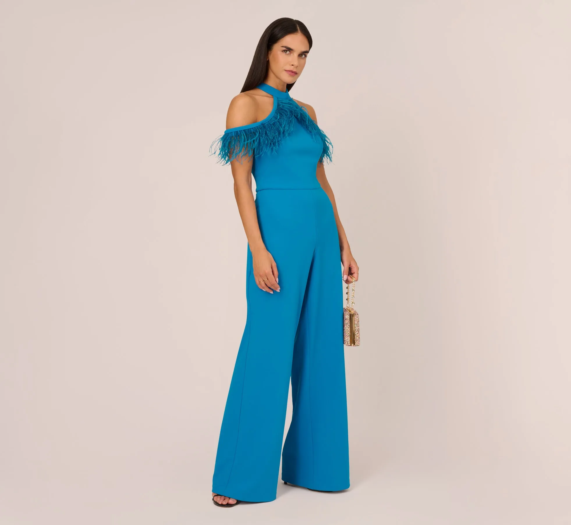 Cold Shoulder Stretch Crepe Jumpsuit With Feather Trim In Deep Cerulean