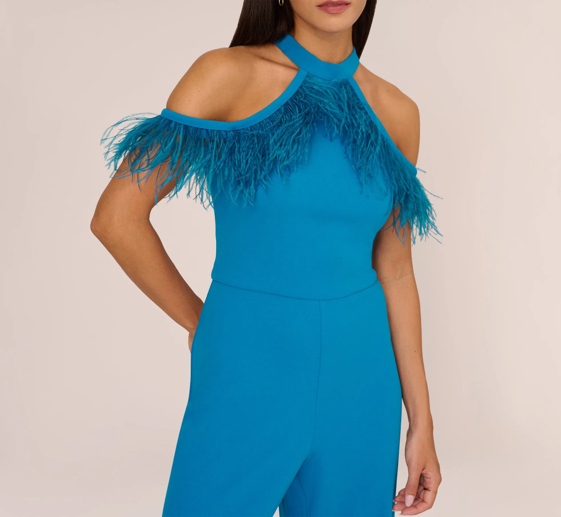 Cold Shoulder Stretch Crepe Jumpsuit With Feather Trim In Deep Cerulean