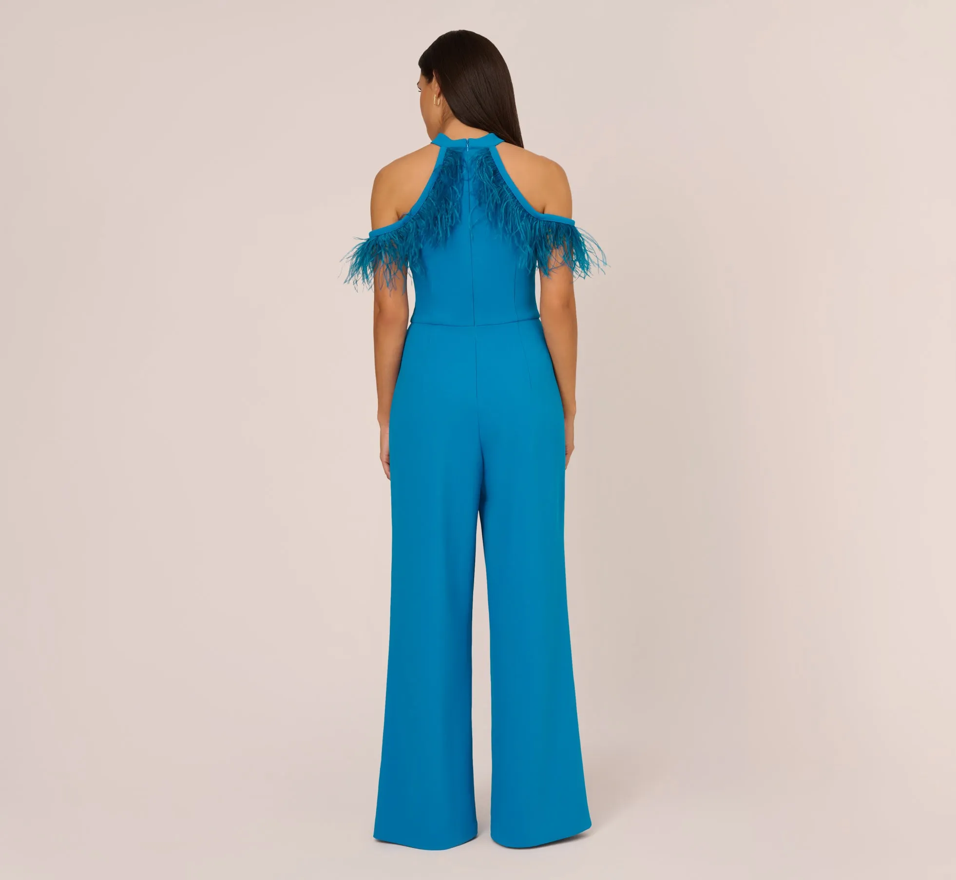 Cold Shoulder Stretch Crepe Jumpsuit With Feather Trim In Deep Cerulean