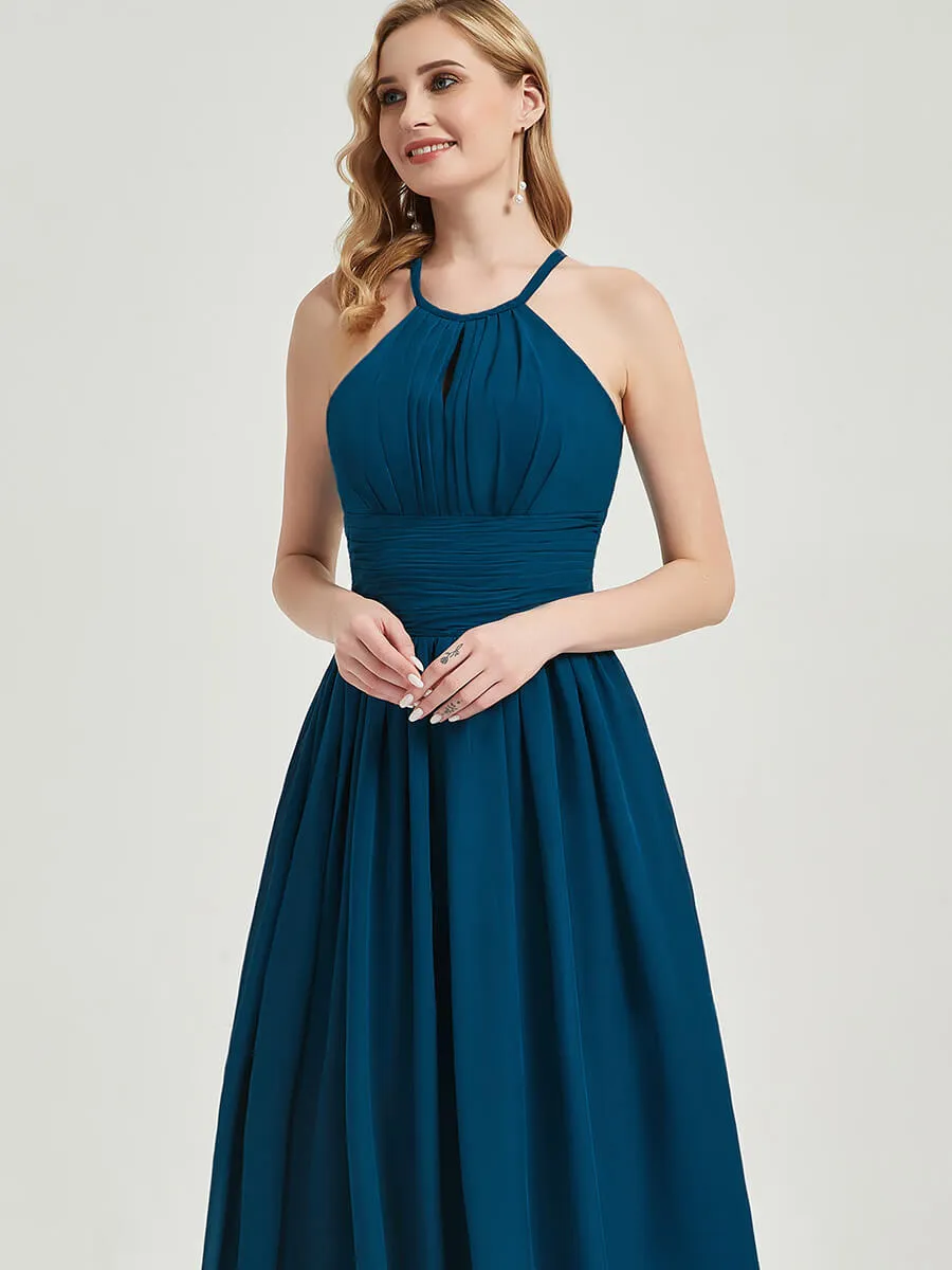 Cornflower Blue Pleated Halter Neck Sleeveless Chiffon Bridesmaid Dress