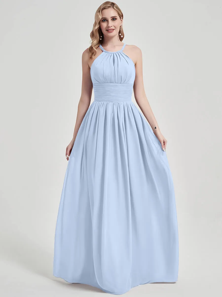 Cornflower Blue Pleated Halter Neck Sleeveless Chiffon Bridesmaid Dress