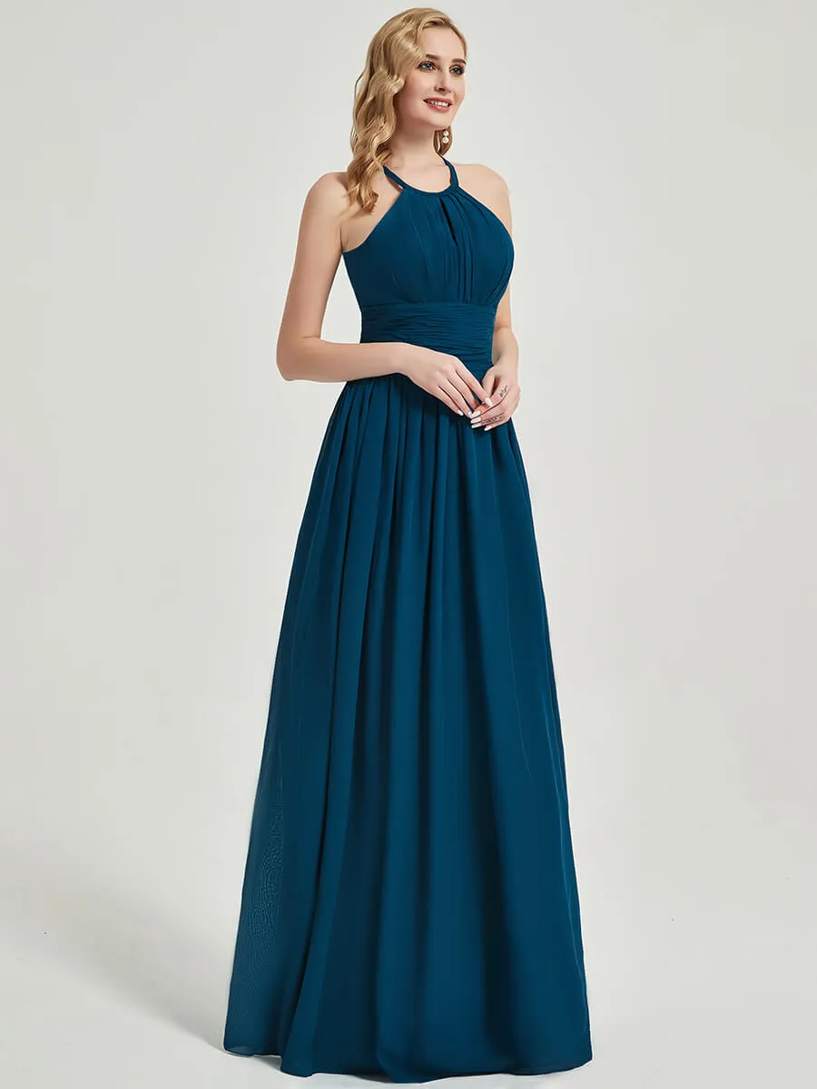 Cornflower Blue Pleated Halter Neck Sleeveless Chiffon Bridesmaid Dress