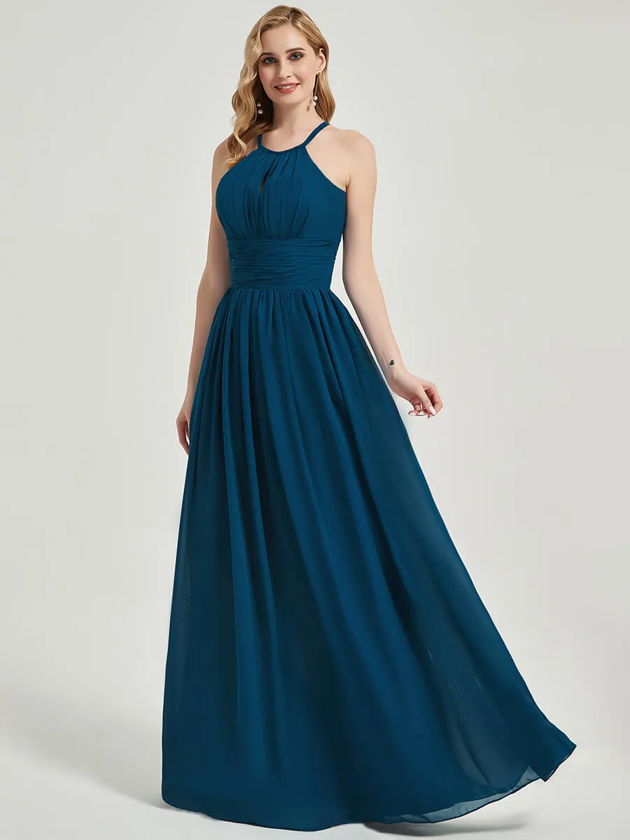 Cornflower Blue Pleated Halter Neck Sleeveless Chiffon Bridesmaid Dress