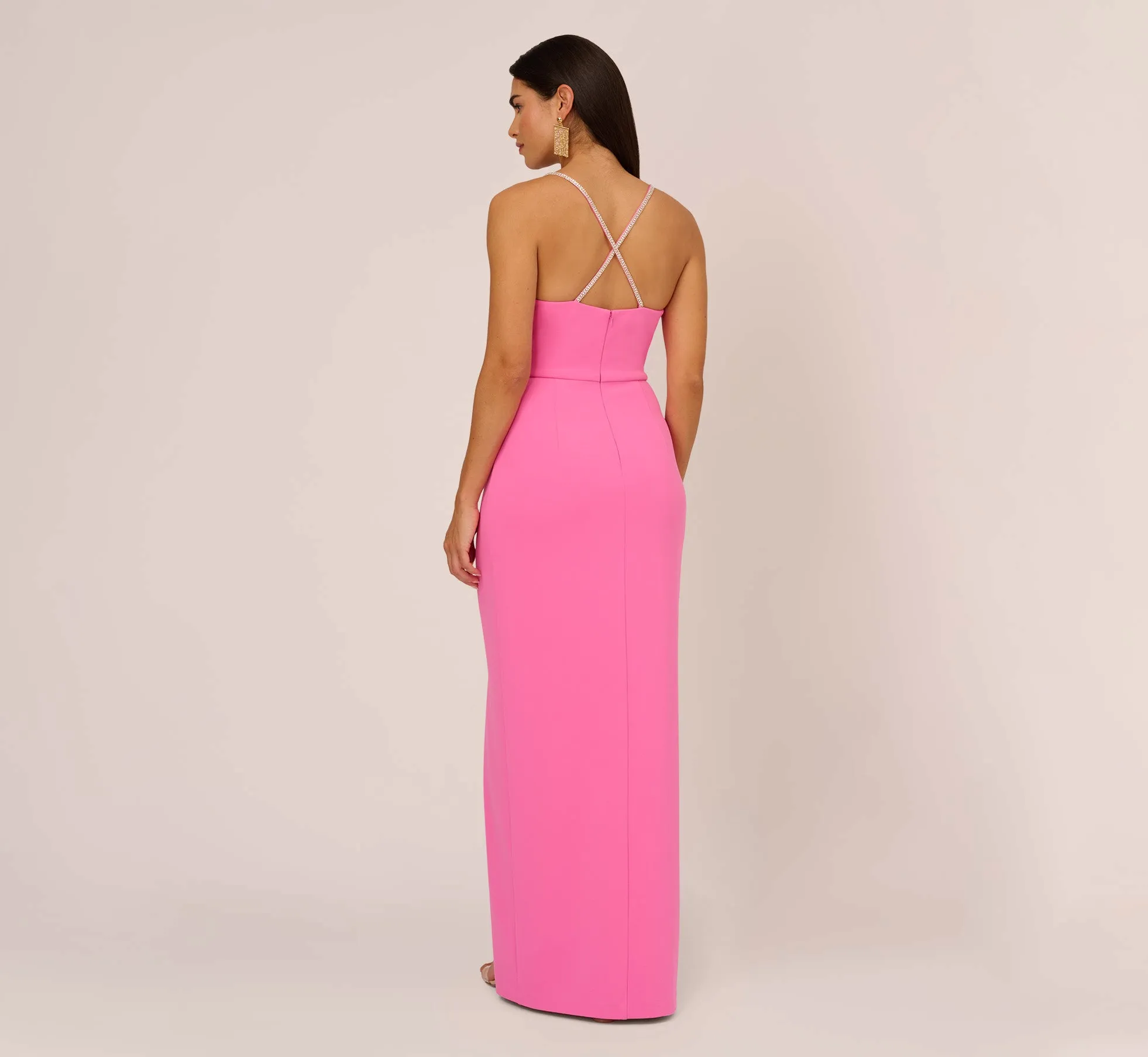 Cowl Neck Column Gown With Draped Details In Pink Parfait