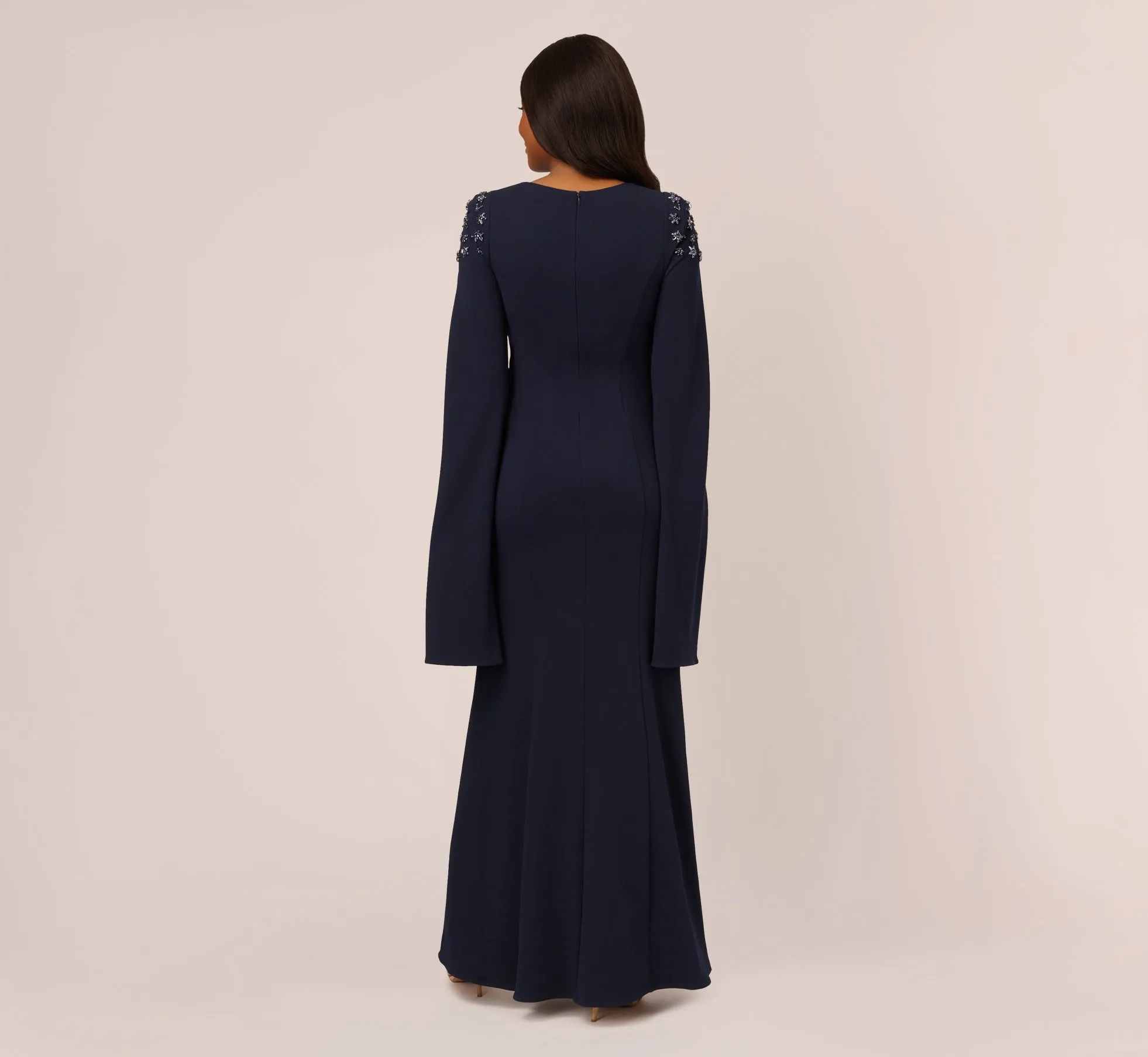 Crepe Mermaid Gown With Beaded Cape Sleeves In Midnight