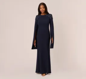 Crepe Mermaid Gown With Beaded Cape Sleeves In Midnight