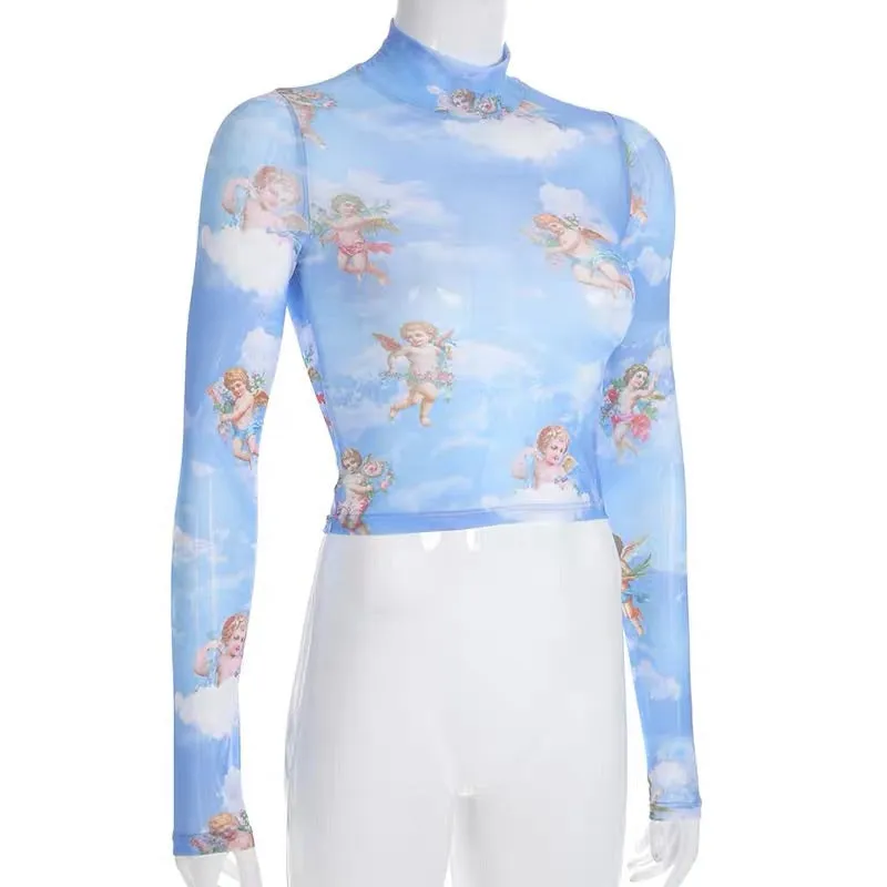 CUTE ANGEL PRINT MESH TOP BY22253