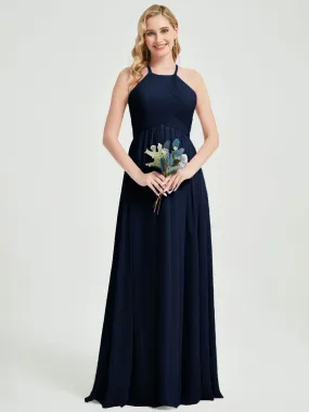 Dark Navy Halter Pleated Keyhole Back Chiffon Maxi Bridesmaid Dress