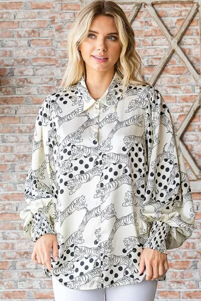 First Love, Tiger Print Collared Neck Long Sleeve Satin Blouse