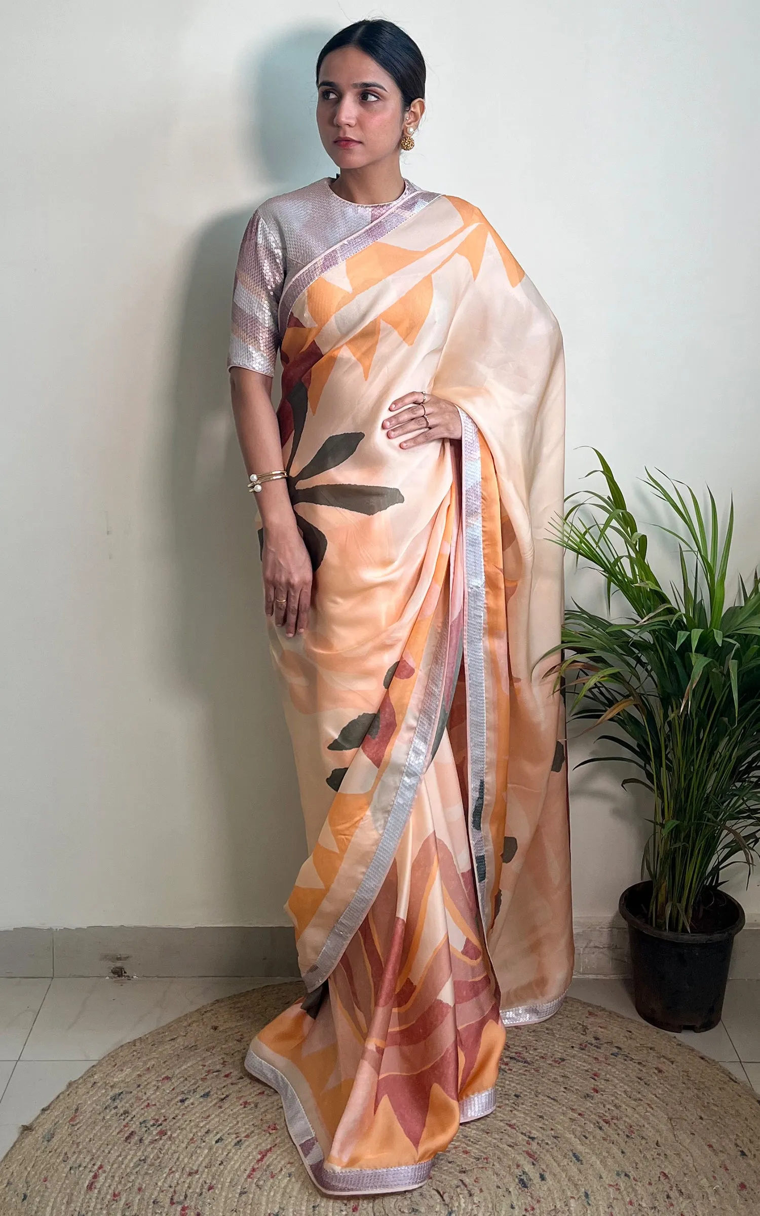 Floral Abstract Printed Saree & Blouse Set