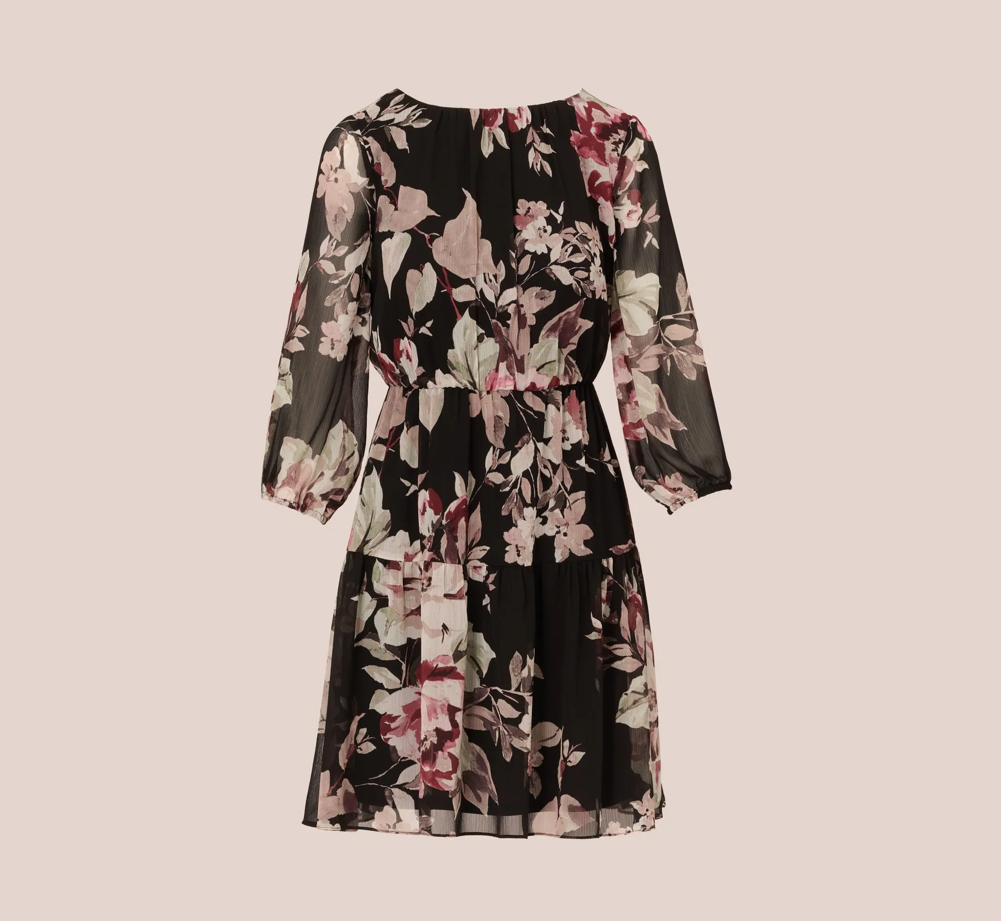 Floral Chiffon Dress With Three Quarter Length Sleeves In Black Multi