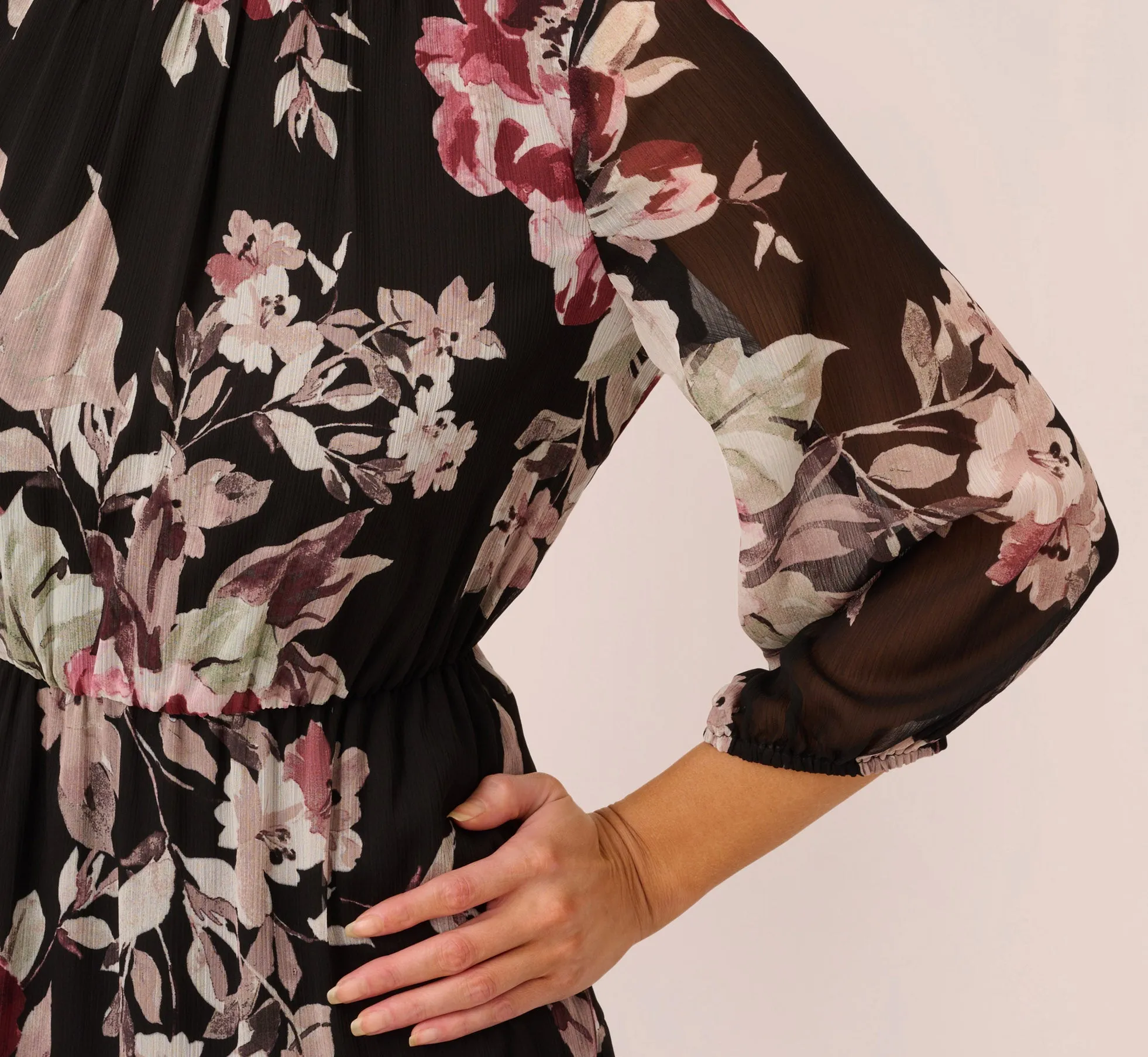 Floral Chiffon Dress With Three Quarter Length Sleeves In Black Multi