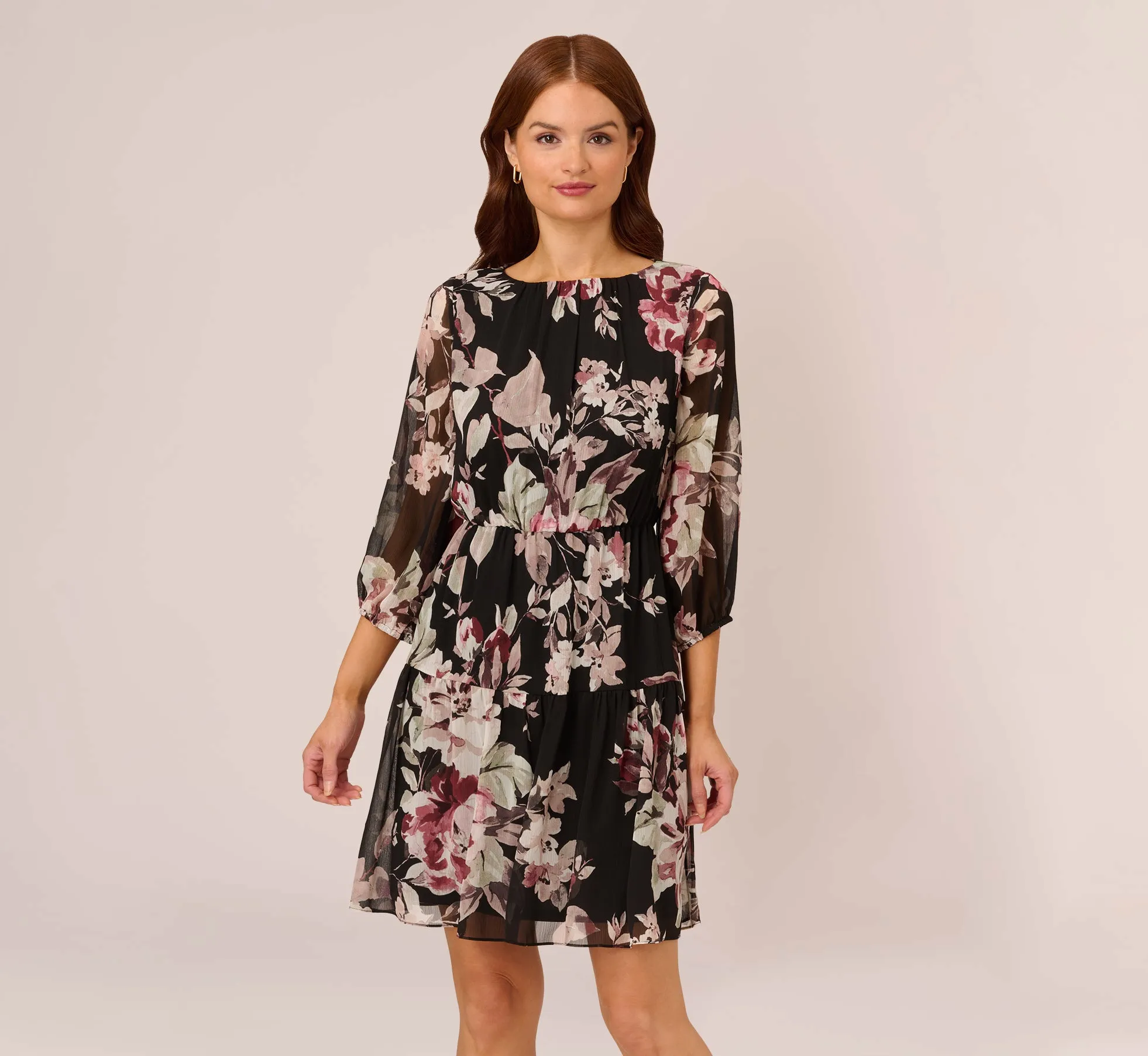 Floral Chiffon Dress With Three Quarter Length Sleeves In Black Multi