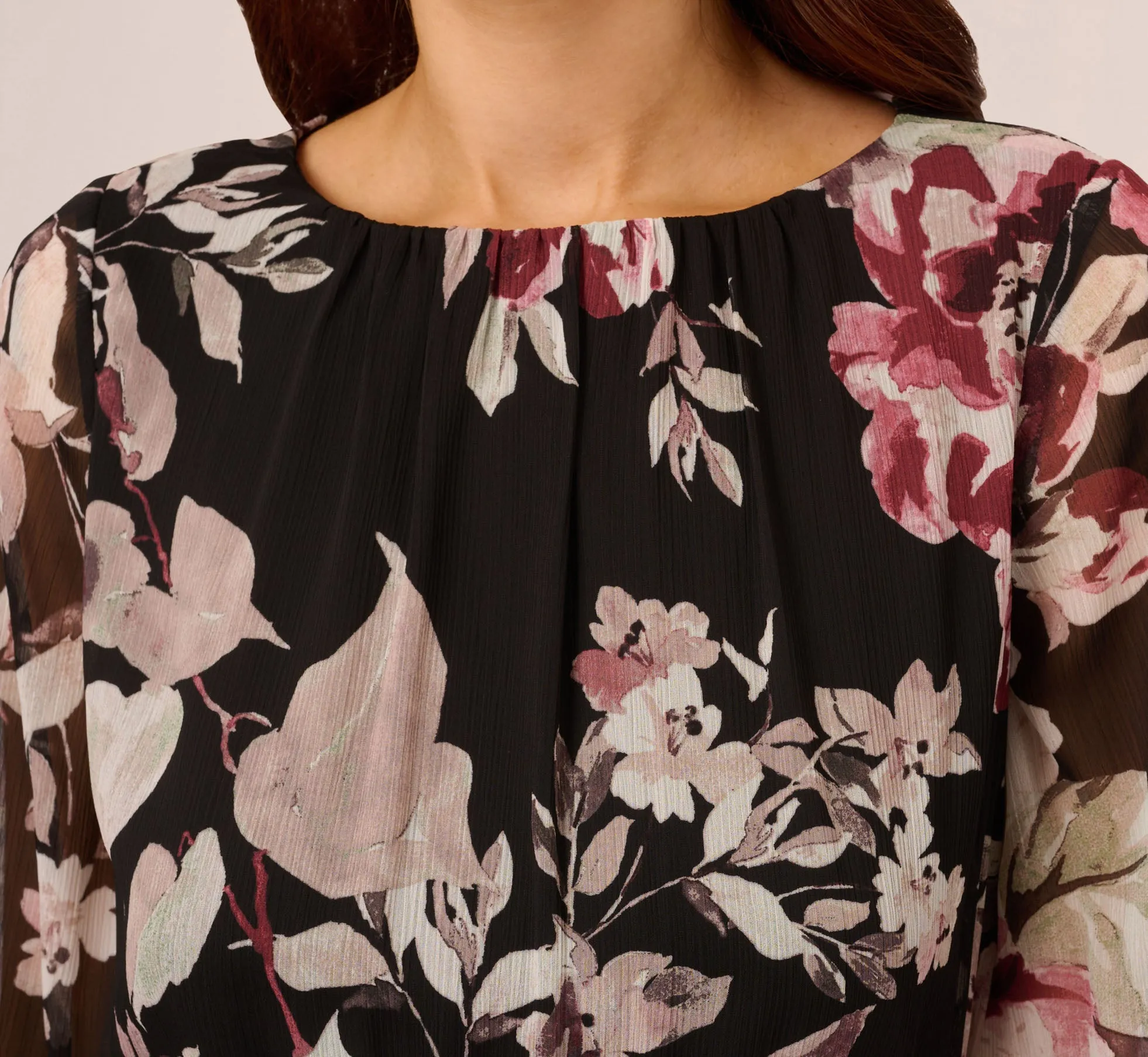 Floral Chiffon Dress With Three Quarter Length Sleeves In Black Multi