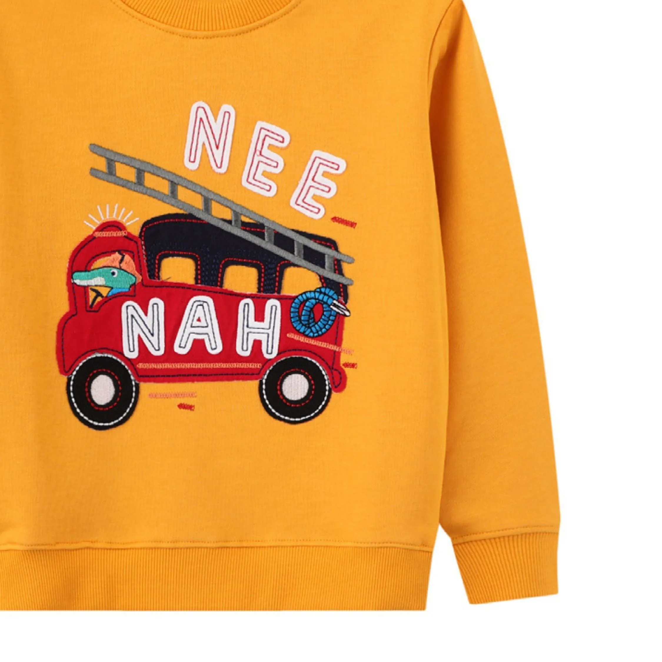 Full Sleeve Cute Dino Car Theme Boys Sweatshirt, Mustard