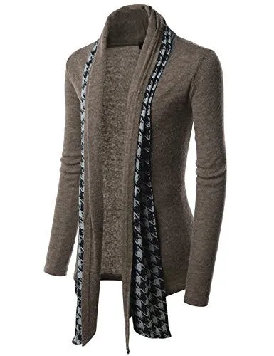 (GD92) Slim Fit Hound tooth Check Open Front Shawl Collar Stylish Wool Cardigan BROWN US L(Tag size 2XL)