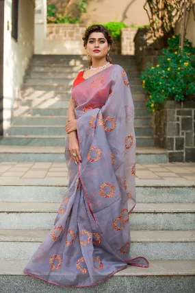 Gray Floral Organza Saree