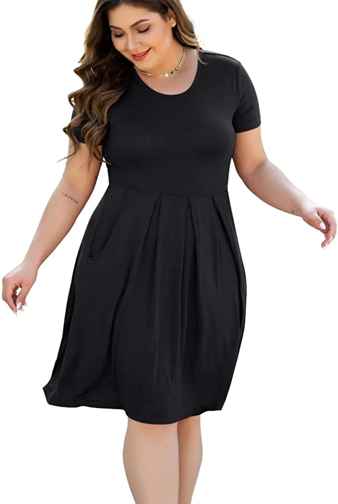 HAOMEILI Women's Plus Size Long Sleeve Dress Casual Pleated Swing Dresses with Pockets