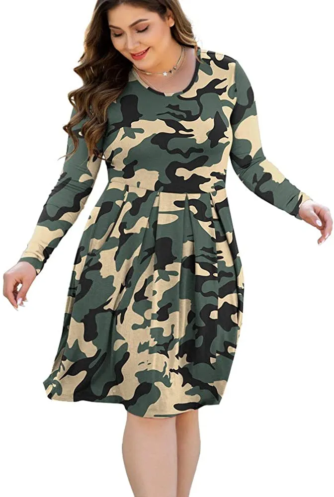 HAOMEILI Women's Plus Size Long Sleeve Dress Casual Pleated Swing Dresses with Pockets