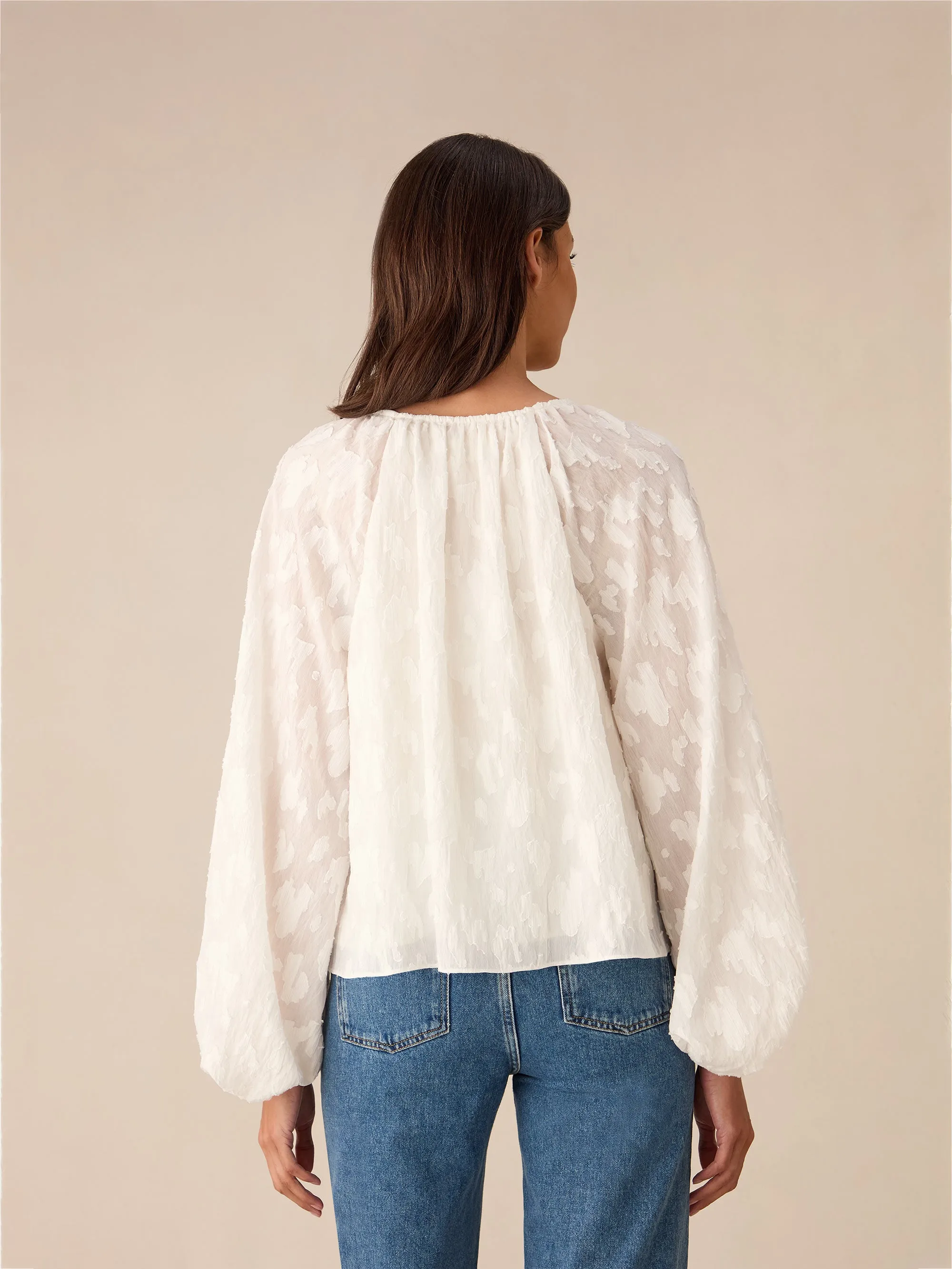 Ivory Leopard Jacquard Blouson Sleeve Blouse