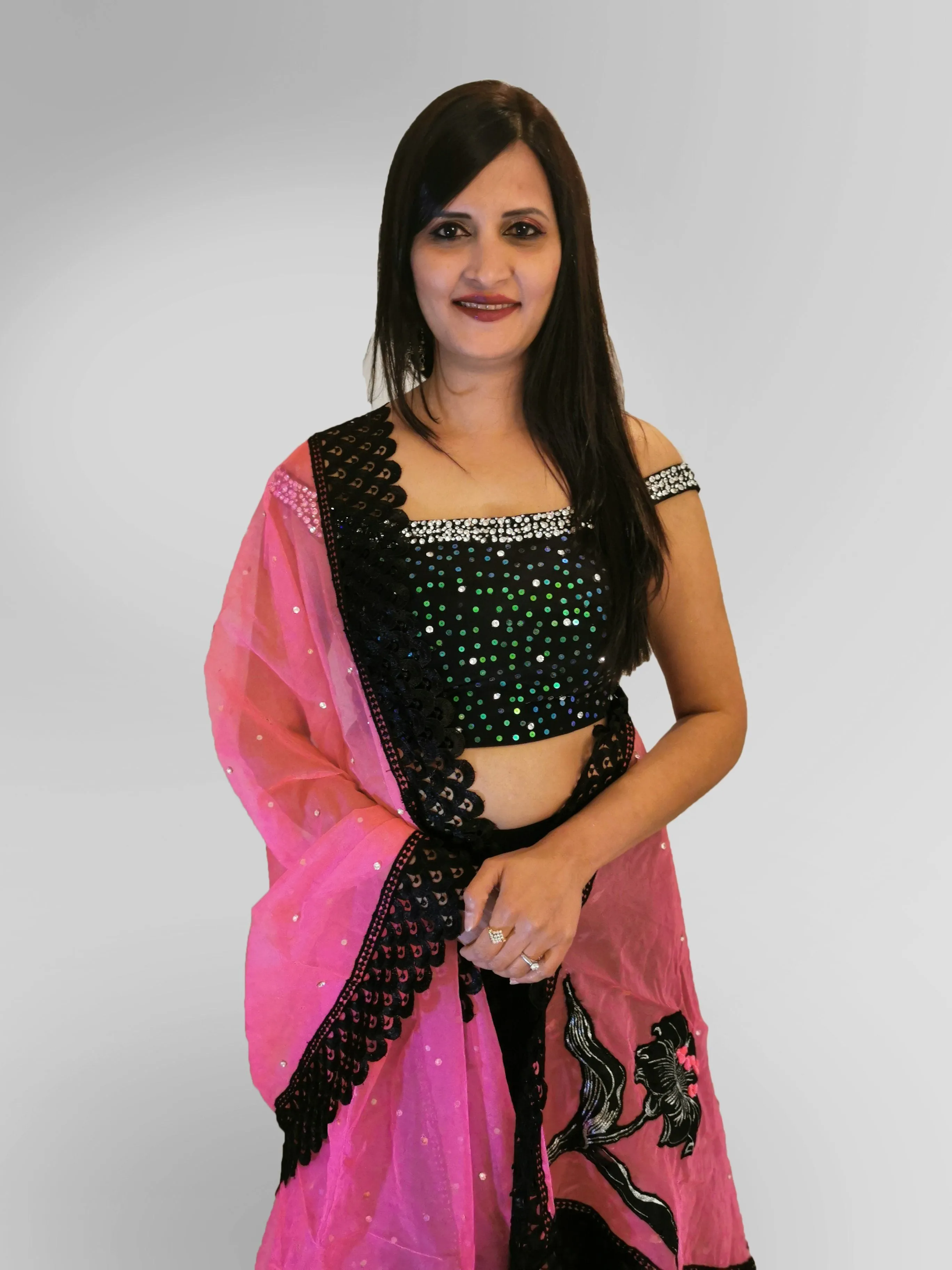 Lehenga in Black and Pink with Sequin Top