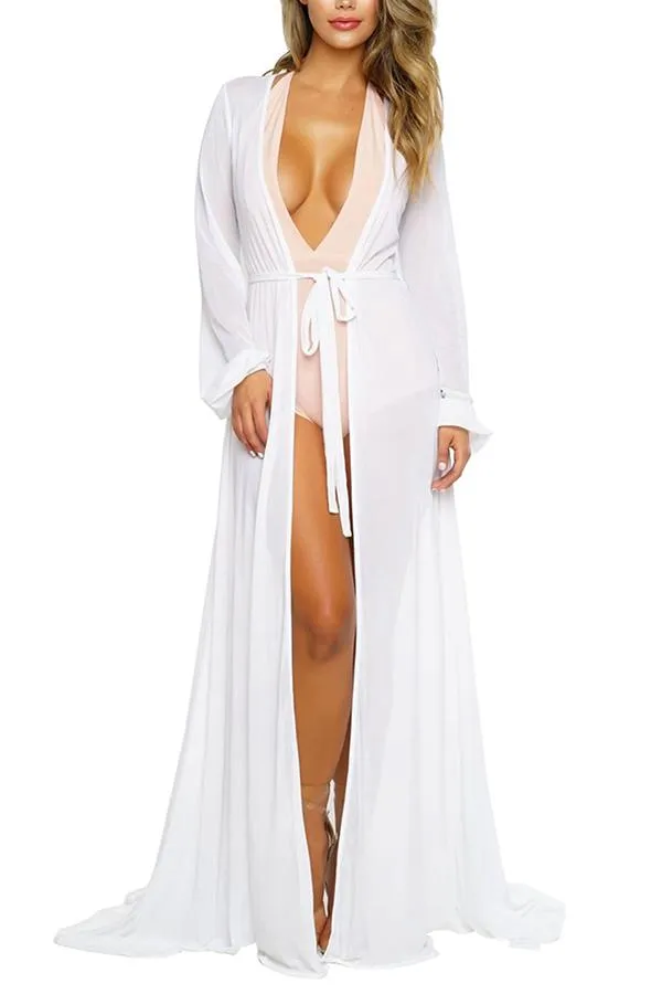 Long Sleeve Sheer Mesh Maxi Beach Cover Up For Women