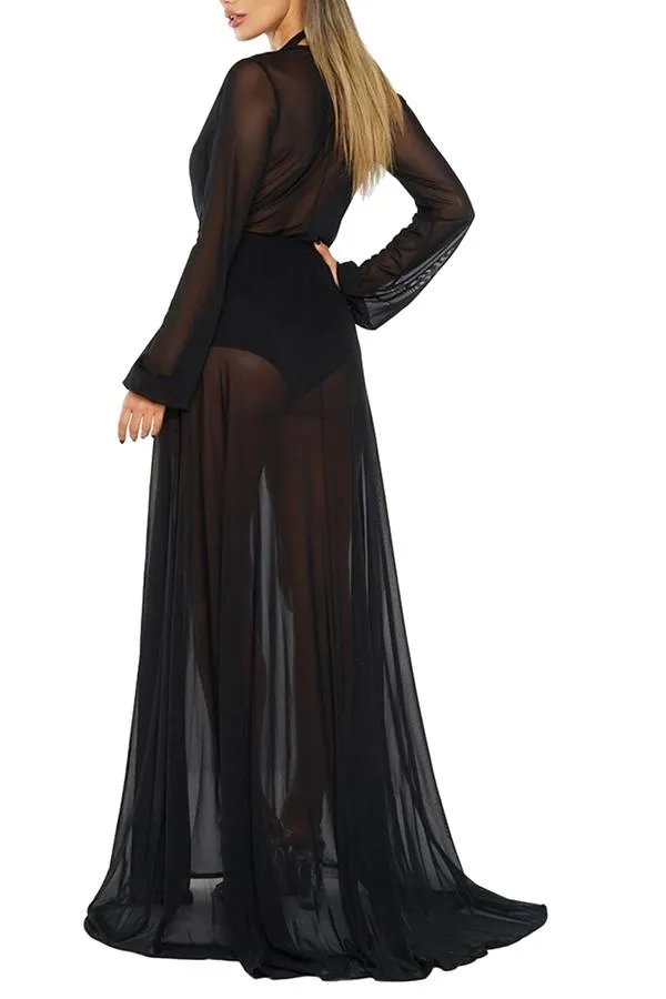 Long Sleeve Sheer Mesh Maxi Beach Cover Up For Women