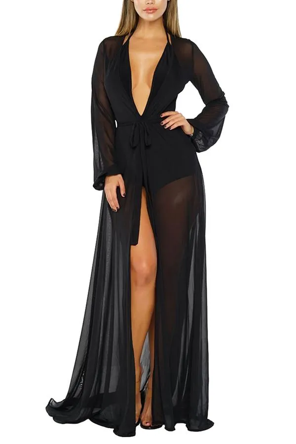 Long Sleeve Sheer Mesh Maxi Beach Cover Up For Women