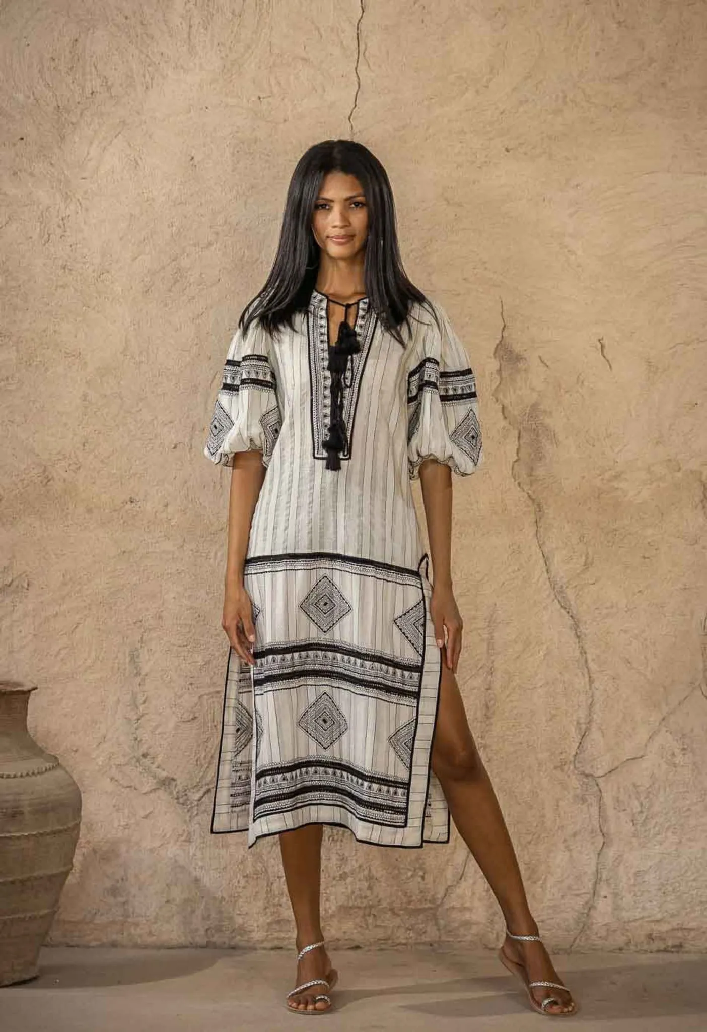 LOVELY SANDY - EMBROIDERED STRIPE KAFTAN DRESS