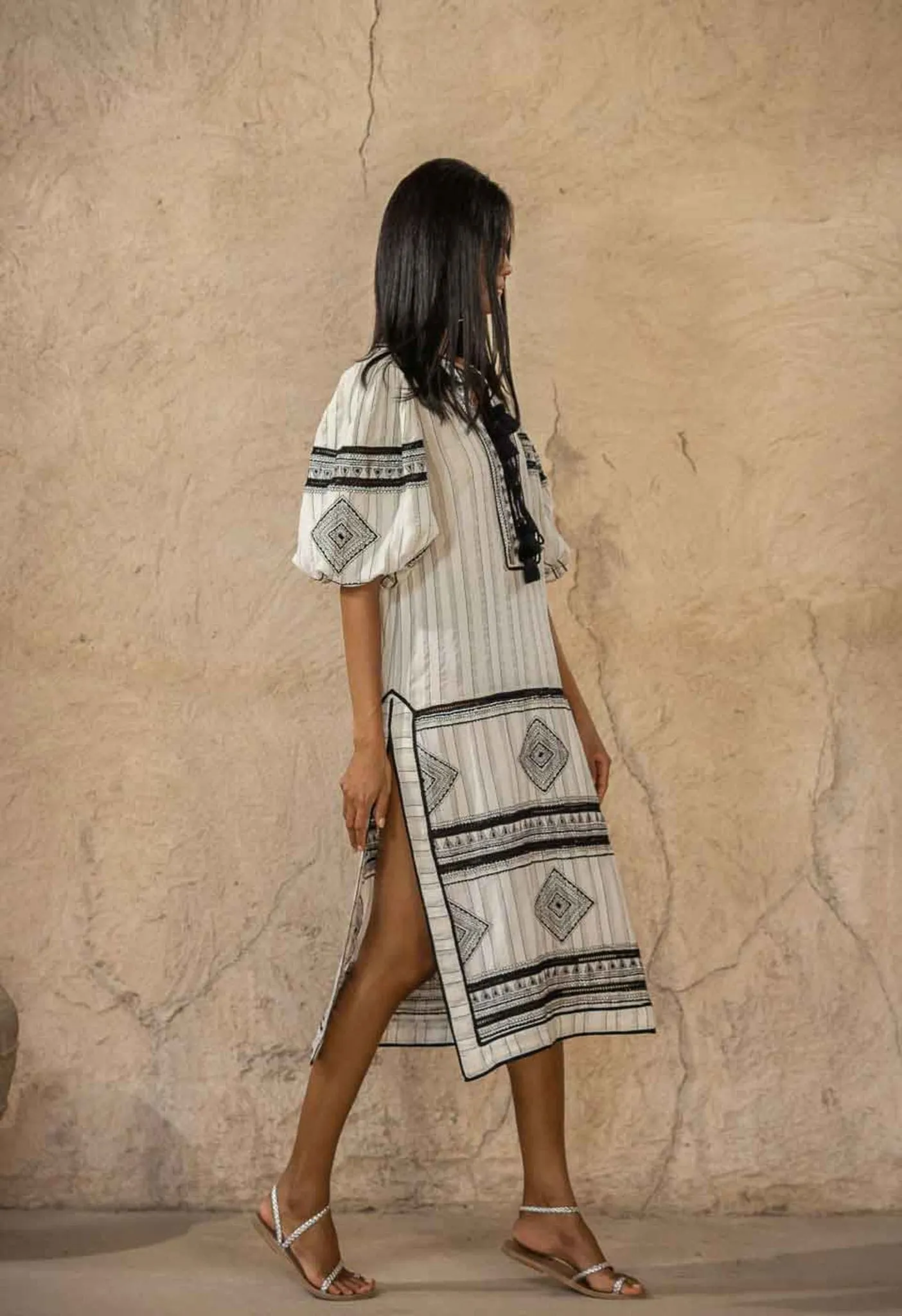 LOVELY SANDY - EMBROIDERED STRIPE KAFTAN DRESS