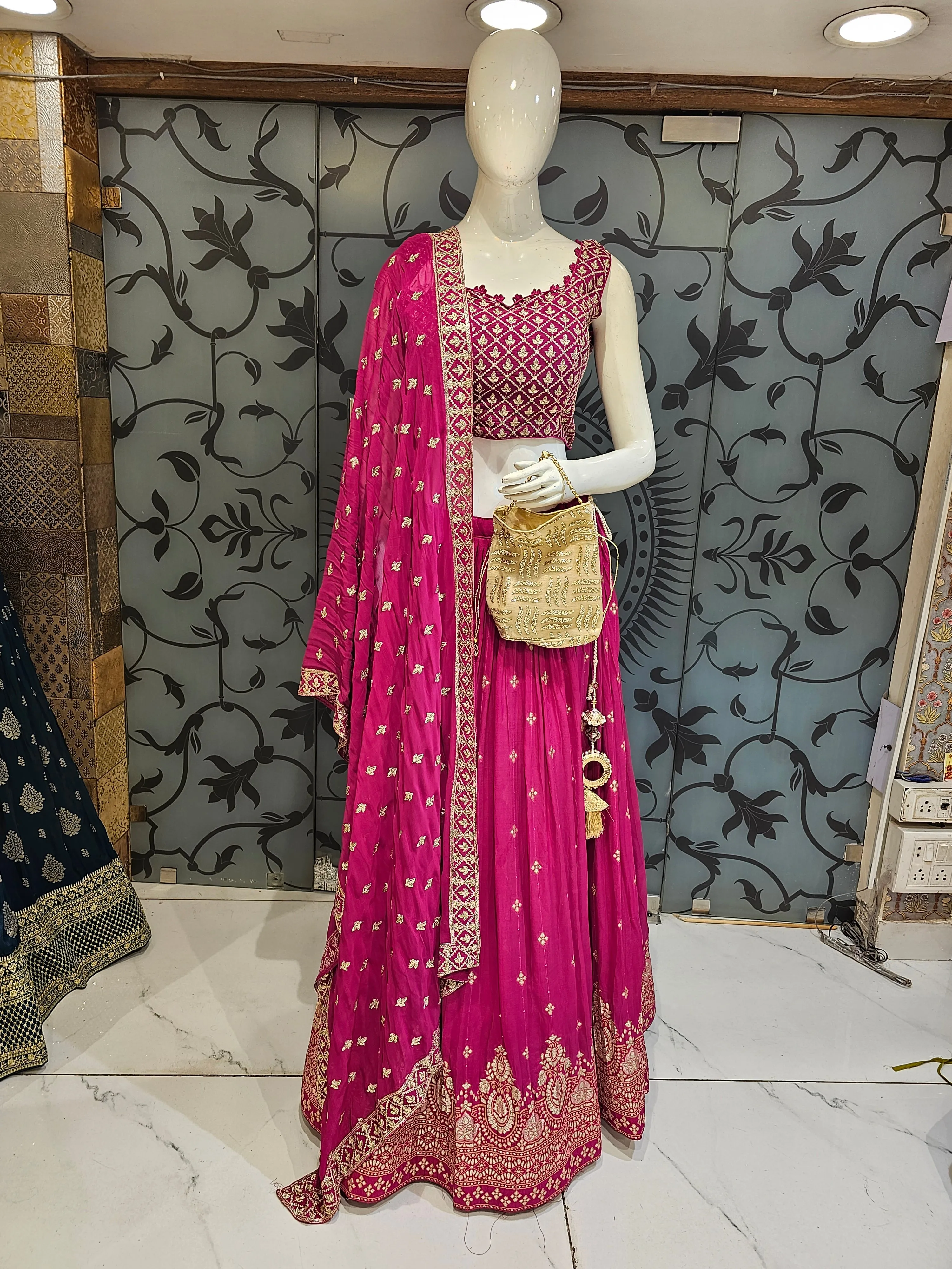 Magenta Lehenga Choli with Potli