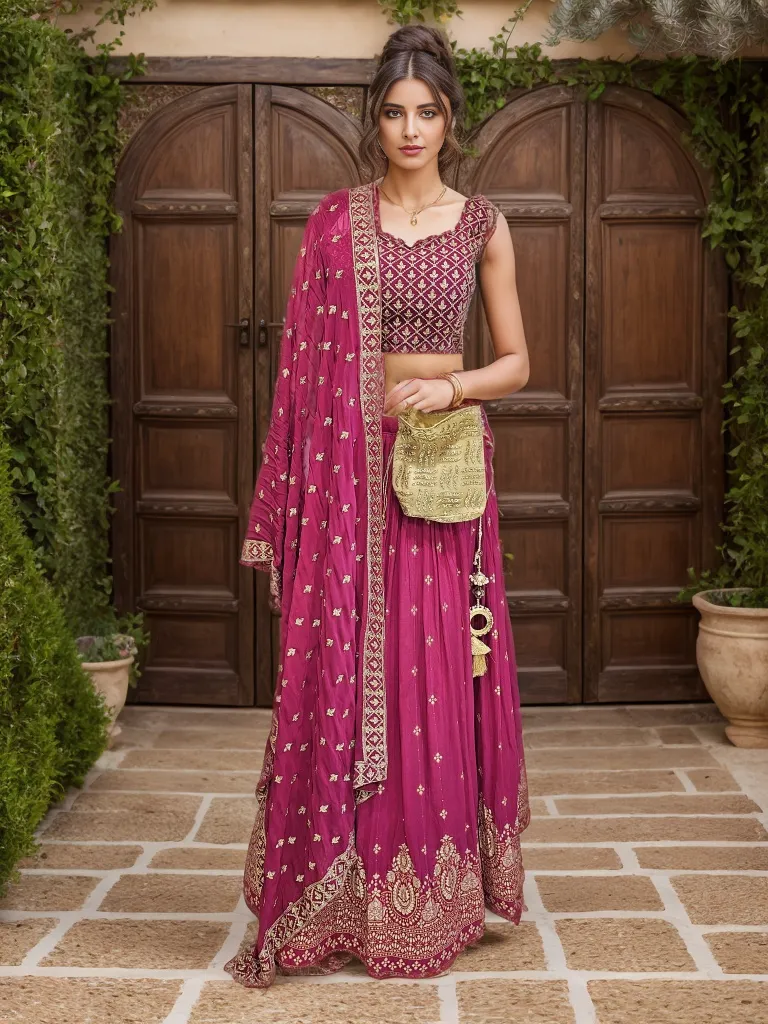 Magenta Lehenga Choli with Potli