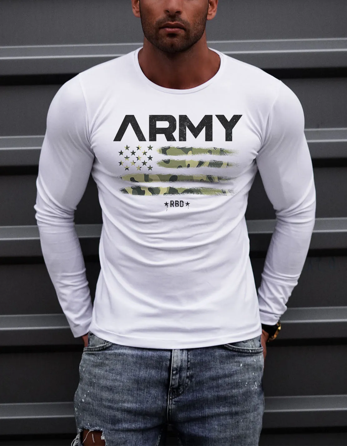 Mens Long Sleeve T-shirt "ARMY" Camouflage Flag MD711