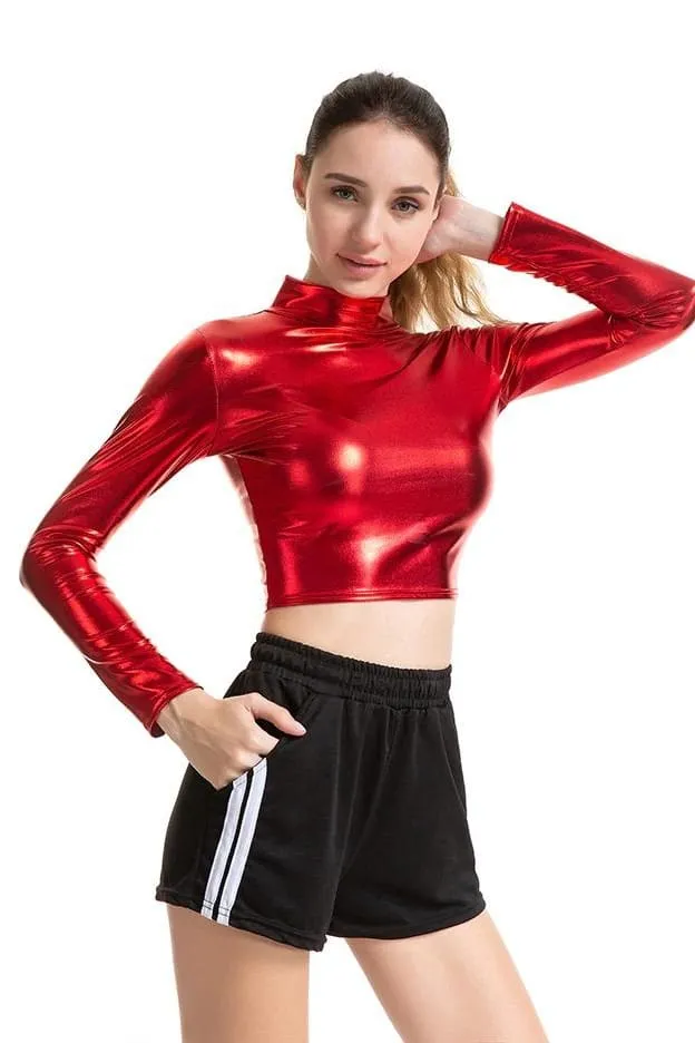 Metallic Long Sleeve Punk Rave Crop Top-Red