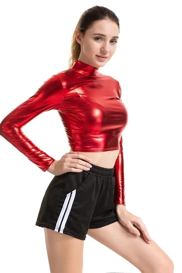 Metallic Long Sleeve Punk Rave Crop Top-Red