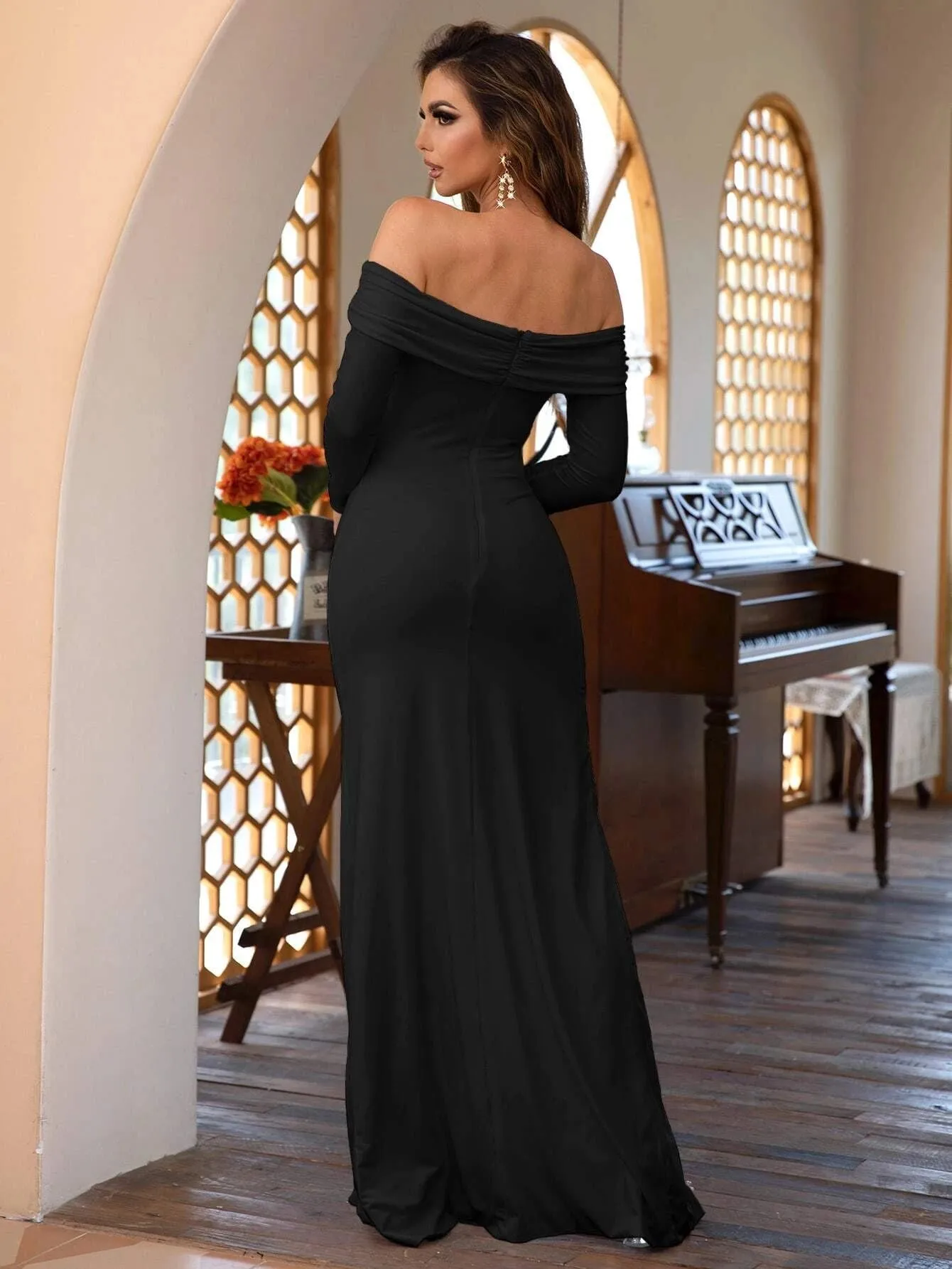 Off-Shoulder Ruched Split Floor-Length Dress