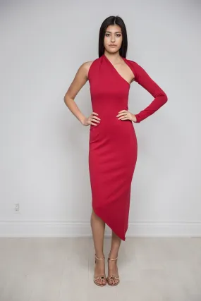 One Shoulder Asymmetric Bottom Dress in Red