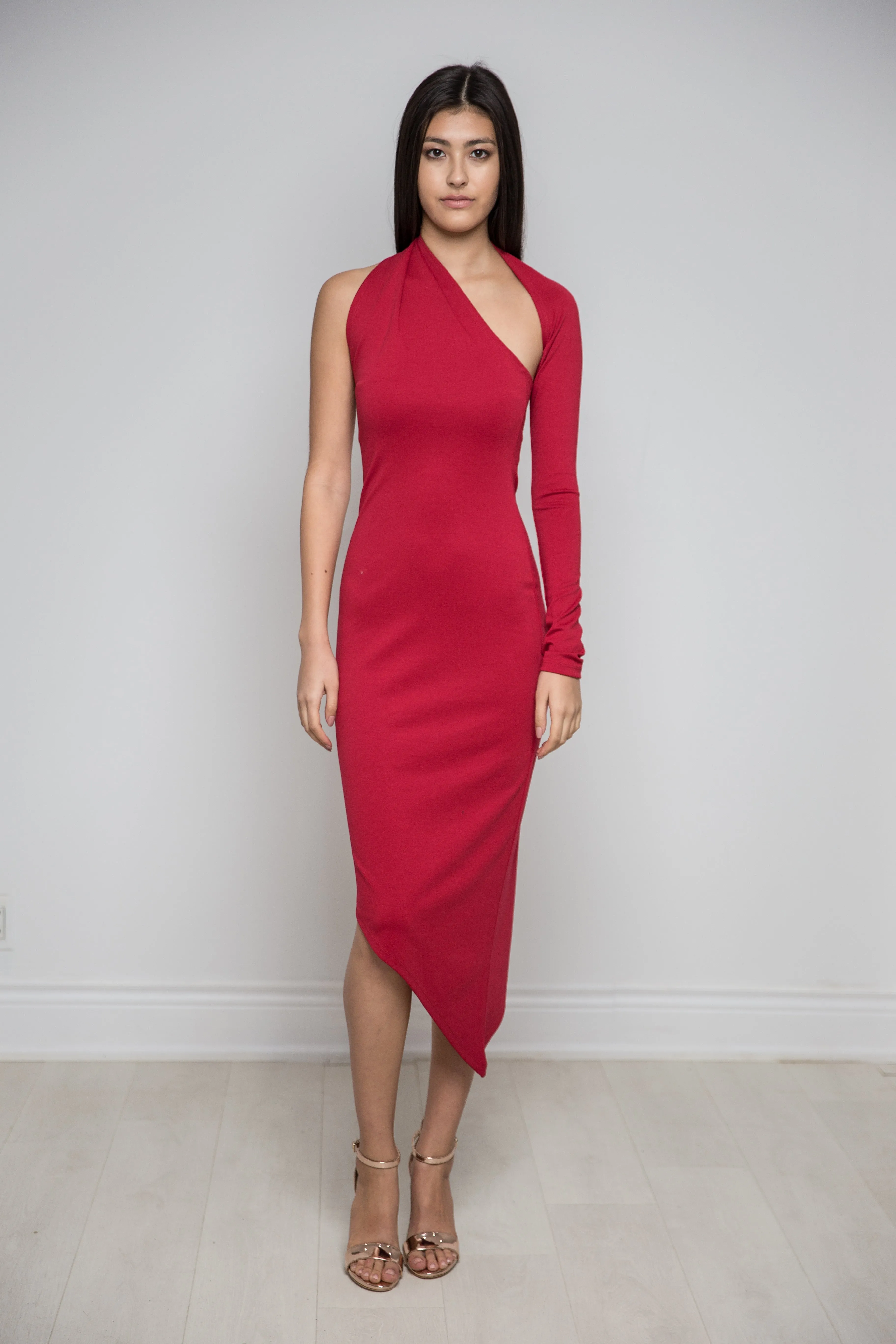 One Shoulder Asymmetric Bottom Dress in Red